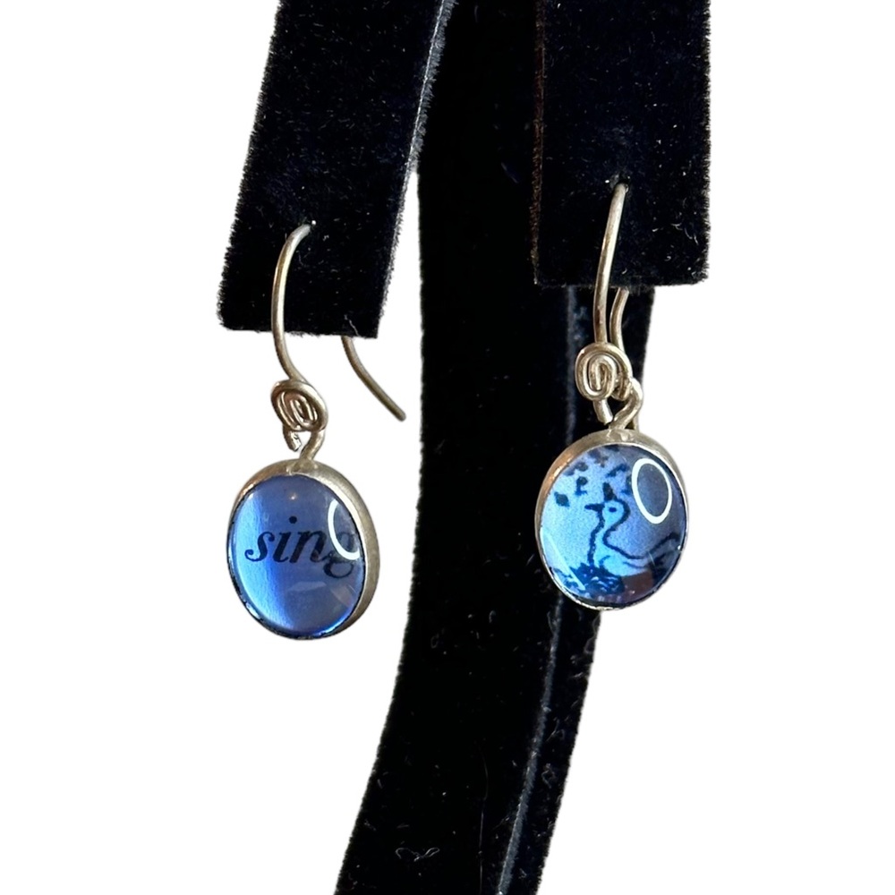 Vintage Sterling Silver Odd "Sing" & Bird Jelly Cabochon Dangle Earrings